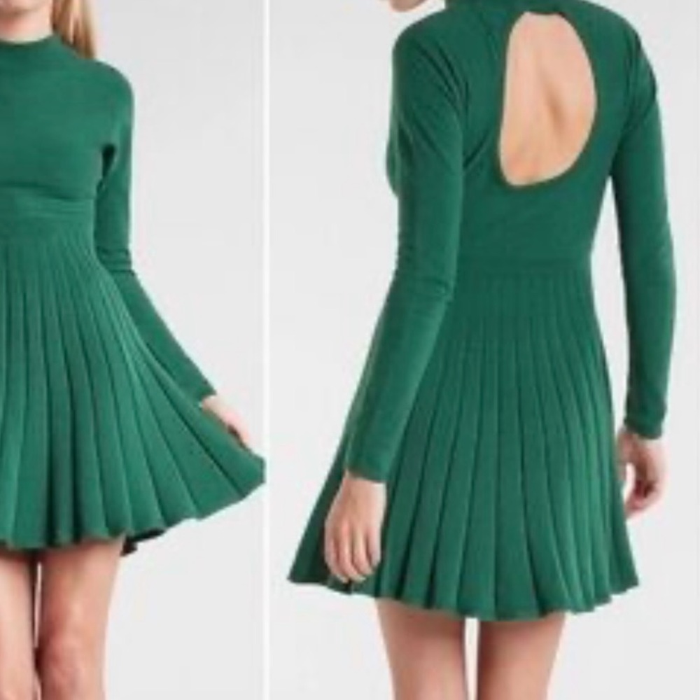 Express Emerald Green Pleated Long-Sleeve Mini Dress open back Large
